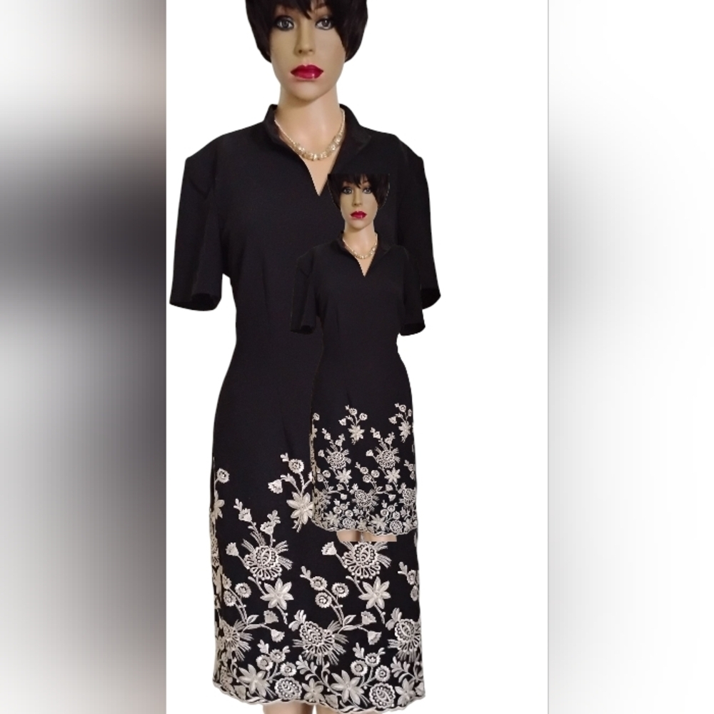 ESCADA 38/8 BLACK WHITE BROCADE SHORT SLEEVE V NECK KNEE LENGTH DRESS